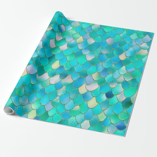 Wonky Waterverf Blauwgroen Glitter Metal Mermaid S Cadeaupapier (Uitgerold)