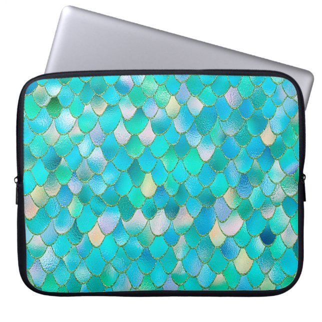 Wonky Waterverf Blauwgroen Glitter Metal Mermaid S Laptop Sleeve (Voorkant)