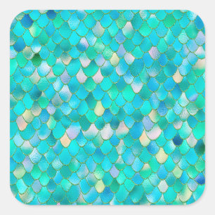 Wonky Waterverf Blauwgroen Glitter Metal Mermaid S Vierkante Sticker