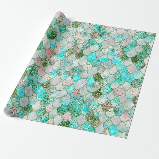 Wonky Waterverf Mint Green Glitter Mermaid Scales Cadeaupapier (Uitgerold)