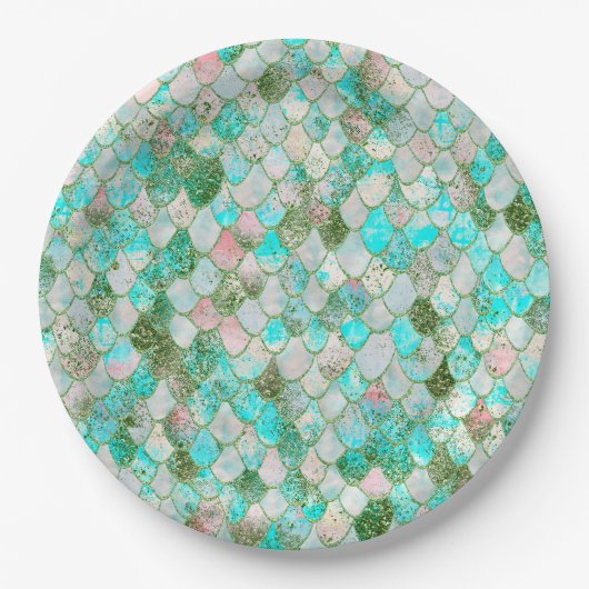 Wonky Waterverf Mint Green Glitter Mermaid Scales Papieren Bordje (Voorkant)