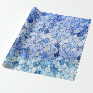 Wonky Waterverf Ocean Blue Glitter Mermaid Scales Cadeaupapier
