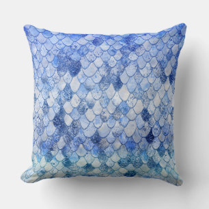 Wonky Waterverf Ocean Blue Glitter Mermaid Scales Kussen