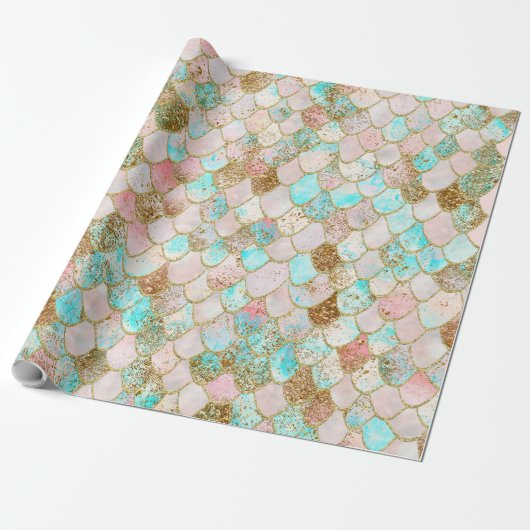Wonky Waterverf Pastel Glitter Mermaid Scales Cadeaupapier (Uitgerold)