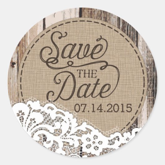 Wood and Lace Rustic Sla het datumlabel op Ronde Sticker (Voorkant)