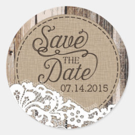 Wood and Lace Rustic Sla het datumlabel op Ronde Sticker