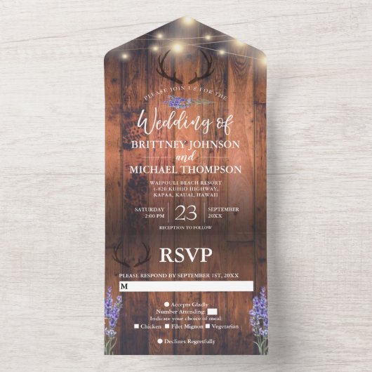 Wood Antler String Lights Lavender Wedding All In One Uitnodiging (Binnen)