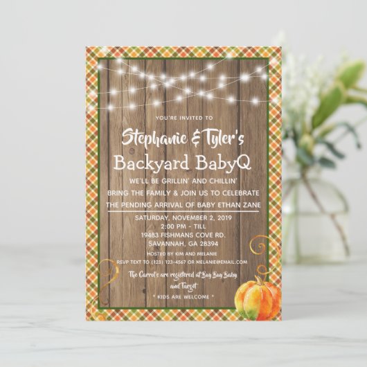 Wood BabyQ Backyard BBQ Rustige Herfst Baby shower Kaart (Staand voorkant)