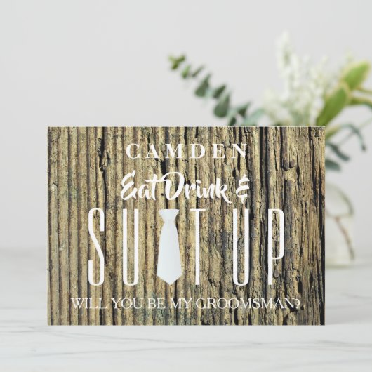 Wood Background Suitup Ik ben m'n groomsman Kaart (Staand voorkant)