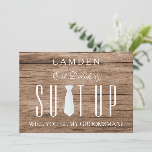 Wood Background Suitup Ik ben m'n groomsman Kaart (Staand voorkant)
