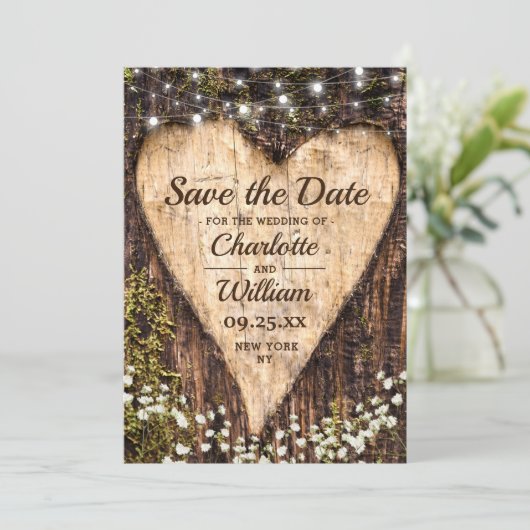 Wood Bark Heart Baby Breath Wedding Save the Date (Staand voorkant)