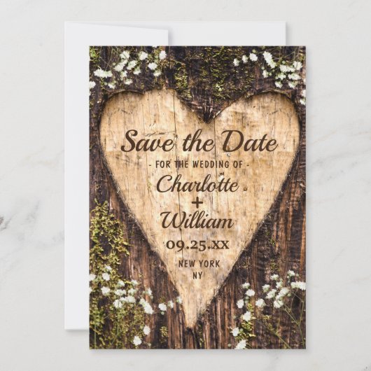 Wood Bark Heart Baby Breath Wedding Save the Date (Voorkant)