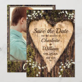 Wood Bark Heart Baby Breath Wedding Save the Date (Voorkant / Achterkant)