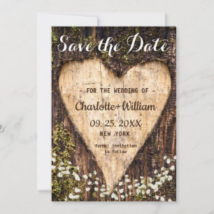 Wood Bark Heart Baby Breath Wedding Save the Date