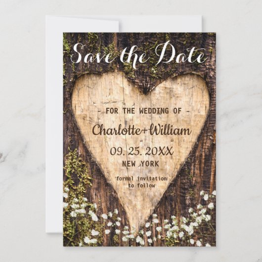 Wood Bark Heart Baby Breath Wedding Save the Date (Voorkant)