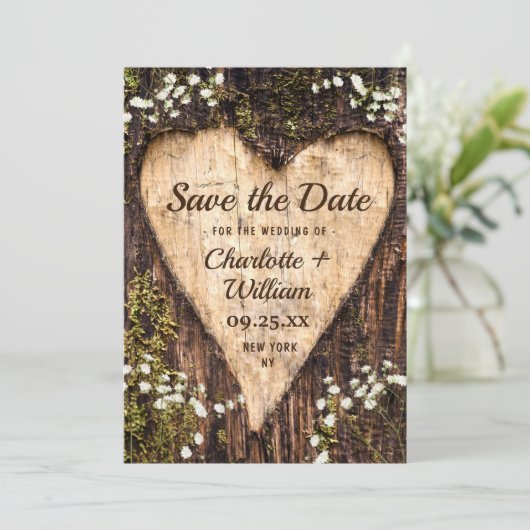 Wood Bark Heart Baby Breath Wedding Save the Date (Staand voorkant)