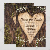 Wood Bark Heart Baby Breath Wedding Save the Date (Voorkant / Achterkant)