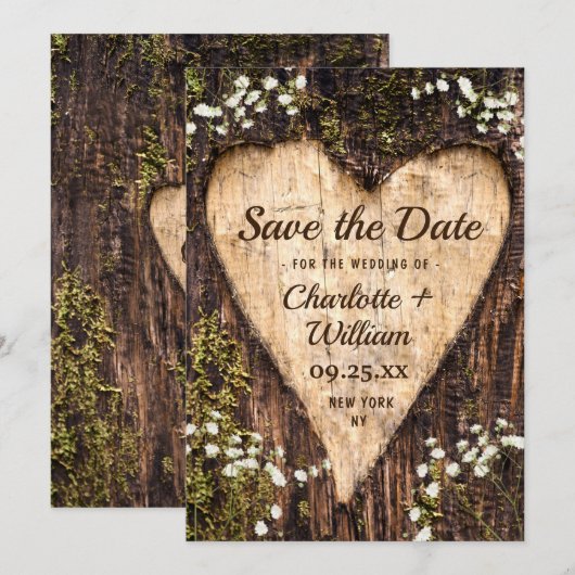 Wood Bark Heart Baby Breath Wedding Save the Date (Voorkant / Achterkant)