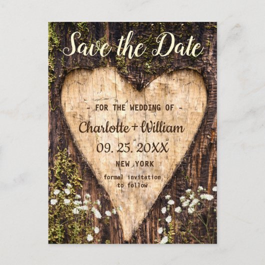 Wood Bark Heart Baby Breath Wedding Save the Date Briefkaart (Voorkant)