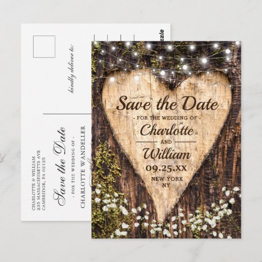 Wood Bark Heart Baby Breath Wedding Save the Date Briefkaart (Voorkant / Achterkant)