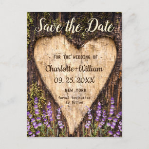 Wood Bark Heart Lavender Weddenschap Save the Date Briefkaart