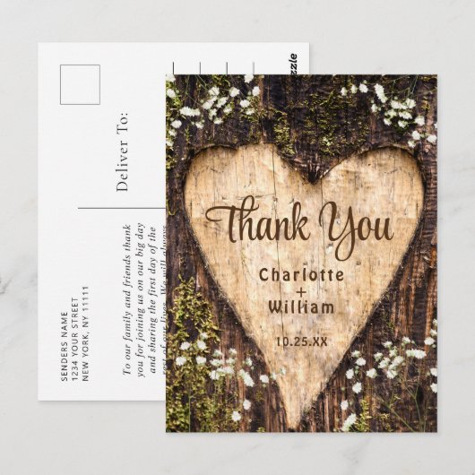Wood Bark Heart Rustic Wedding Bedankt Briefkaart (Voorkant / Achterkant)