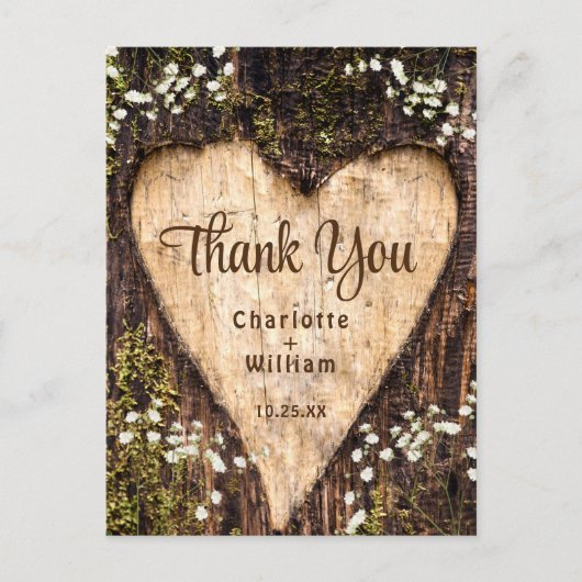 Wood Bark Heart Rustic Wedding Bedankt Briefkaart (Voorkant)