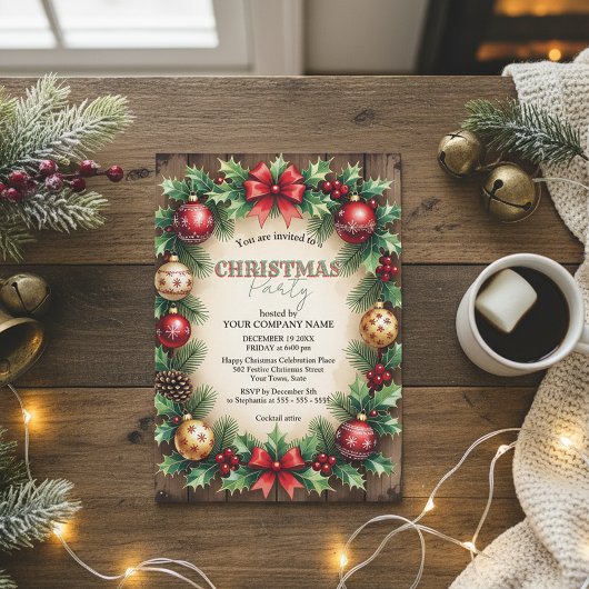 Wood Baubles Red Bow Corporate Christmas Party Kaart