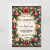 Wood Baubles Red Bow Corporate Christmas Party Kaart (Voorkant)