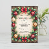 Wood Baubles Red Bow Corporate Christmas Party Kaart (Staand voorkant)