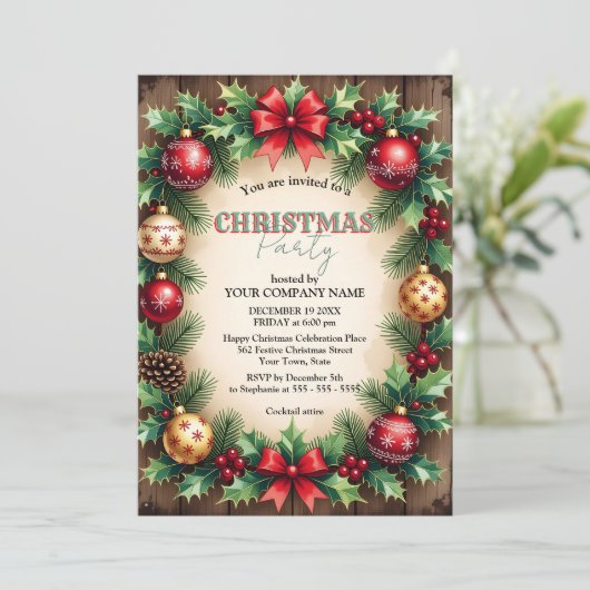 Wood Baubles Red Bow Corporate Christmas Party Kaart (Staand voorkant)