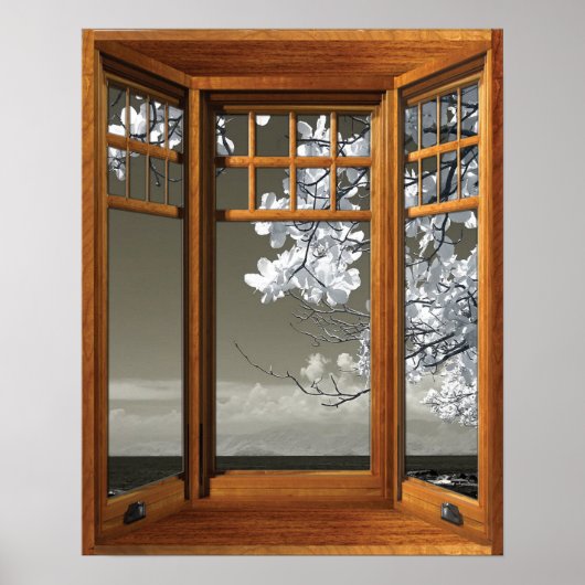 Wood Bay Window Illusion White Blossom Poster (Voorkant)