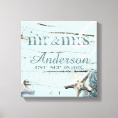 wood BLue Seashells Beach Wedding mr en mrs Canvas Afdruk (Voorkant)