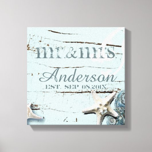 wood BLue Seashells Beach Wedding mr en mrs Canvas Afdruk (Voorkant)