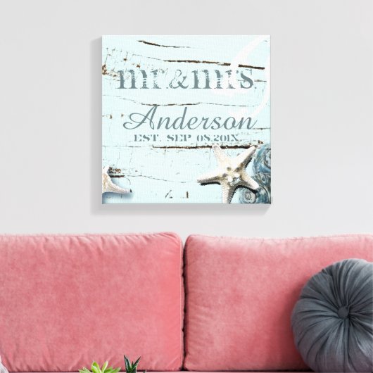 wood BLue Seashells Beach Wedding mr en mrs Canvas Afdruk (Insitu (Woonkamer))