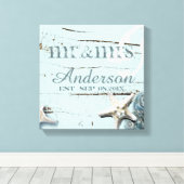 wood BLue Seashells Beach Wedding mr en mrs Canvas Afdruk (Insitu (Houten vloer))