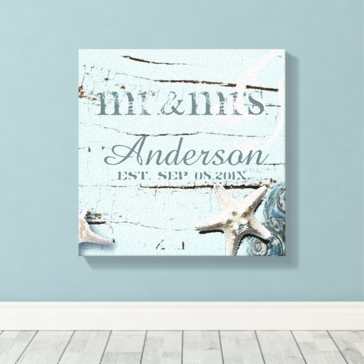 wood BLue Seashells Beach Wedding mr en mrs Canvas Afdruk (Insitu (Houten vloer))