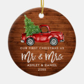 Wood Brush Script First Kerstman Truck PHOTO BACK Keramisch Ornament (Voorkant)