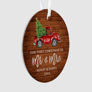 Wood Brush Script First Kerstman Truck PHOTO BACK Ornament