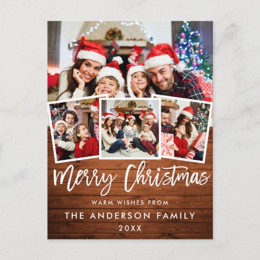 Wood Brush Script Star Merry Kerstmis 4 Fotorood Briefkaart (Voorkant)