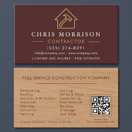 Wood Building Construction Burgundy Gold QR Code Visitekaartje