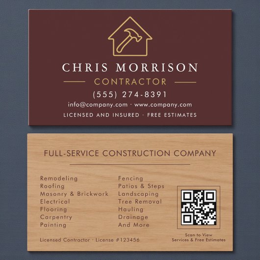 Wood Building Construction Burgundy Gold QR Code Visitekaartje