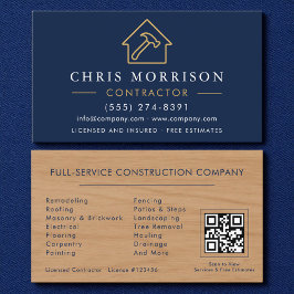 Wood Building Construction Navy Blue Gold QR Code Visitekaartje