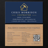 Wood Building Metallic Navy Blue Gold QR Code Visitekaartje