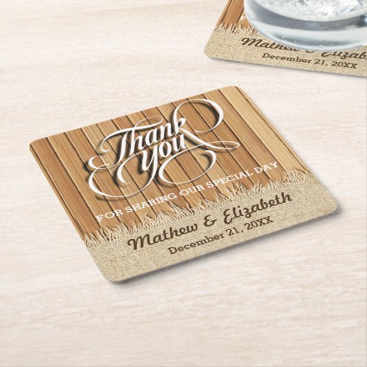 Wood Burlap Dank je bruiloft Kartonnen Onderzetters (Schuin)