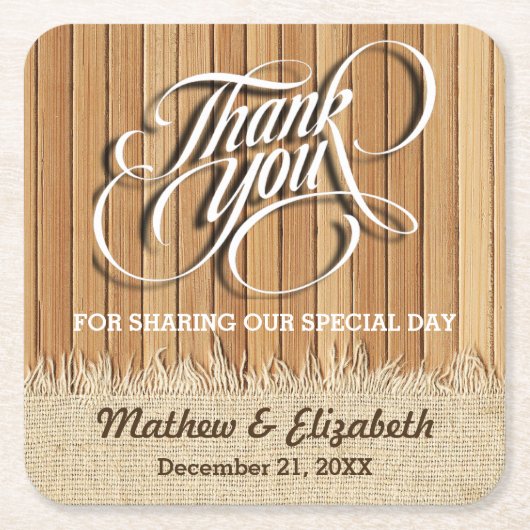 Wood Burlap Dank je bruiloft Kartonnen Onderzetters (Voorkant)
