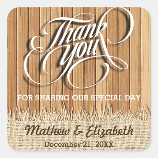 Wood Burlap Dank u bruiloft Vierkante Sticker (Voorkant)