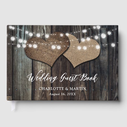 Wood Burlap Hearts String Lights Country Wedding Gastenboek (Voorkant)