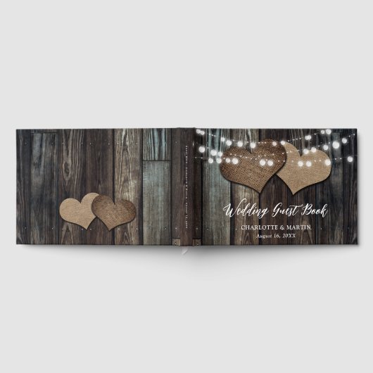 Wood Burlap Hearts String Lights Country Wedding Gastenboek (Volledig)