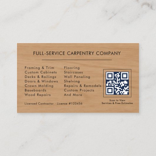 Wood Carpentry Service Hammer Saw QR Code Visitekaartje (Achterkant)